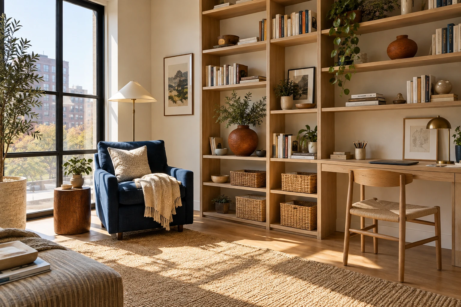 An organized reading corner and home office with warm oak shelving